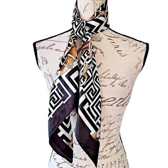 Satin square scarf Equestrian bridle Horse black white retro hair neck 💖2/$30 - Picture 11 of 14
